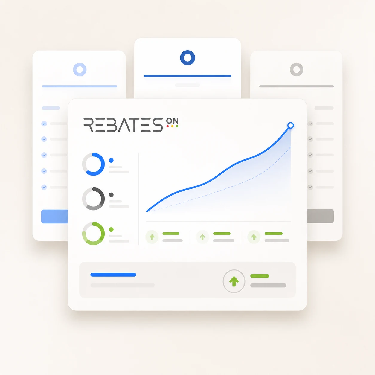 The Rebates-On dashboard with plan tiers behind it - rebate revenue trending up across your vendor programs.