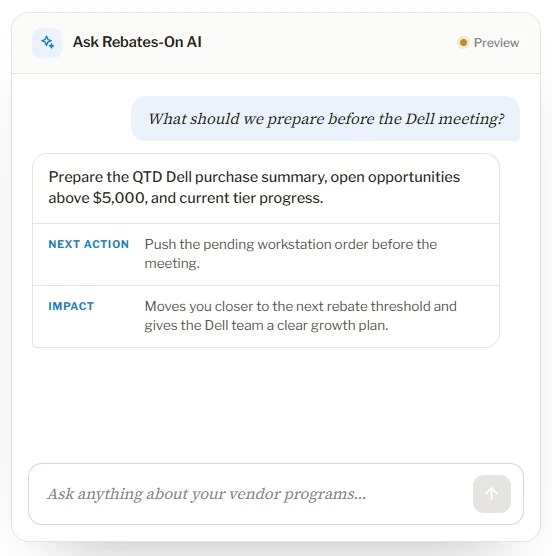 A preview of the Rebates-On AI assistant: asked what to prepare before a Dell meeting, it returns a summary, a recommended next action, and the rebate impact.