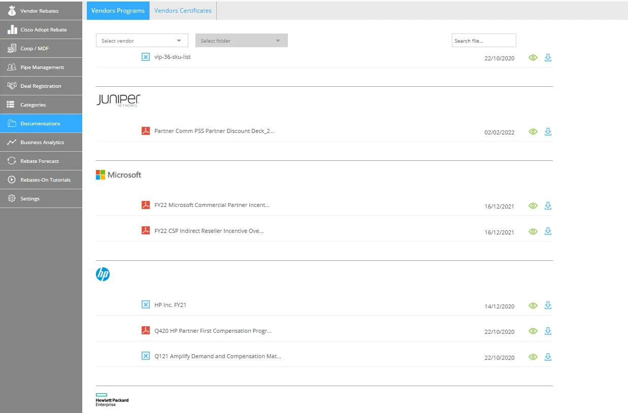 The Rebates-On documentation library: vendor program documents and certificates for Juniper, Microsoft and HP, grouped by vendor with search, view and download.