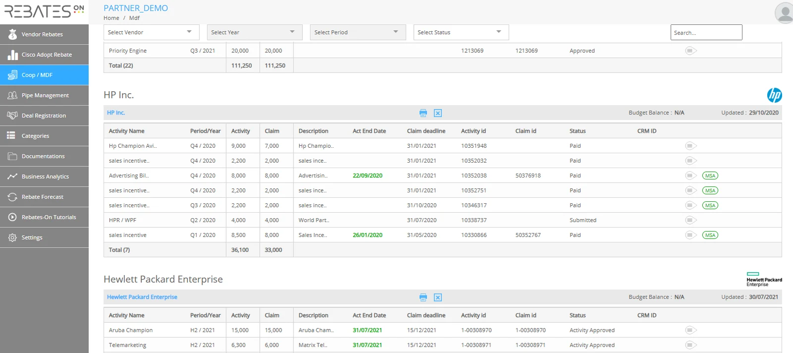 The Rebates-On co-op / MDF tracker showing HP and HPE marketing-fund activities - budgets, claim amounts, claim deadlines and status in one place.