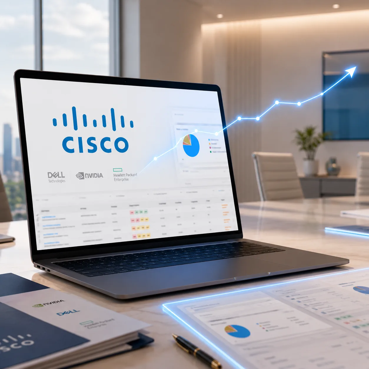 A laptop showing Cisco partner-program tracking in Rebates-On, with rebate revenue trending upward