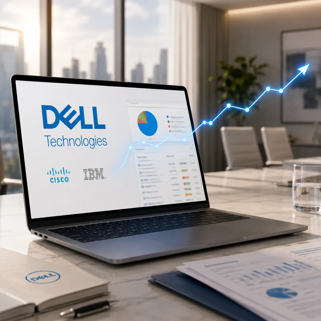 A laptop showing Dell Technologies partner-program tracking in Rebates-On, with rebate revenue trending upward