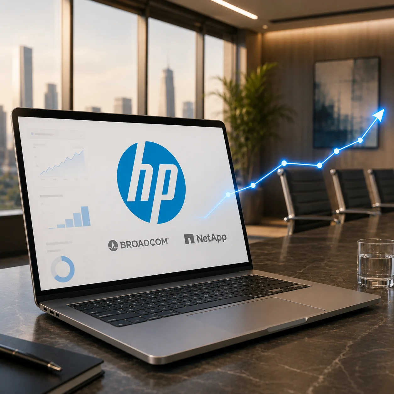 A laptop showing HP partner-program tracking in Rebates-On, with rebate revenue trending upward