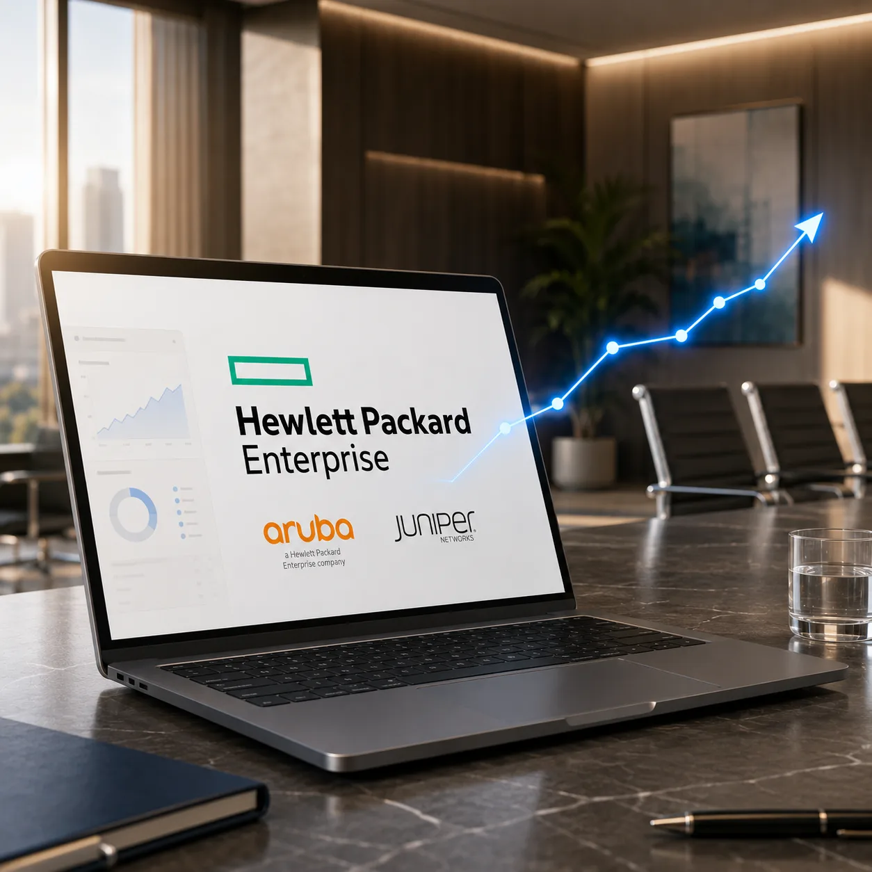 A laptop showing HPE and Juniper partner-program tracking in Rebates-On, with rebate revenue trending upward