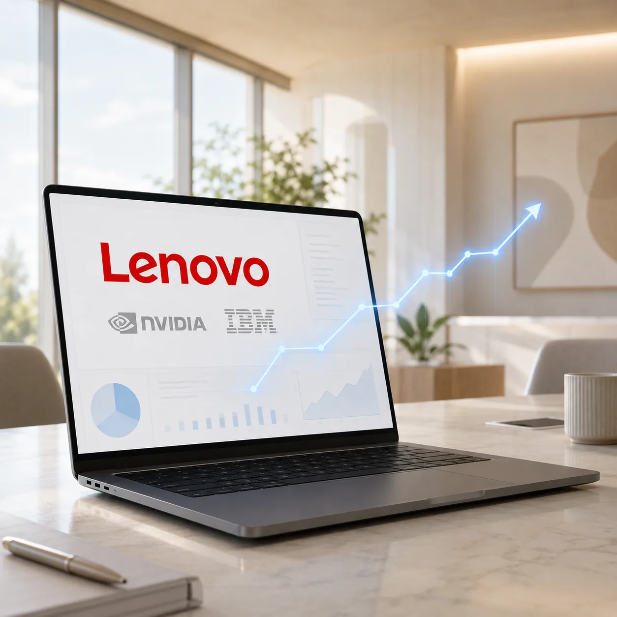 A laptop showing Lenovo partner-program tracking in Rebates-On, with rebate revenue trending upward