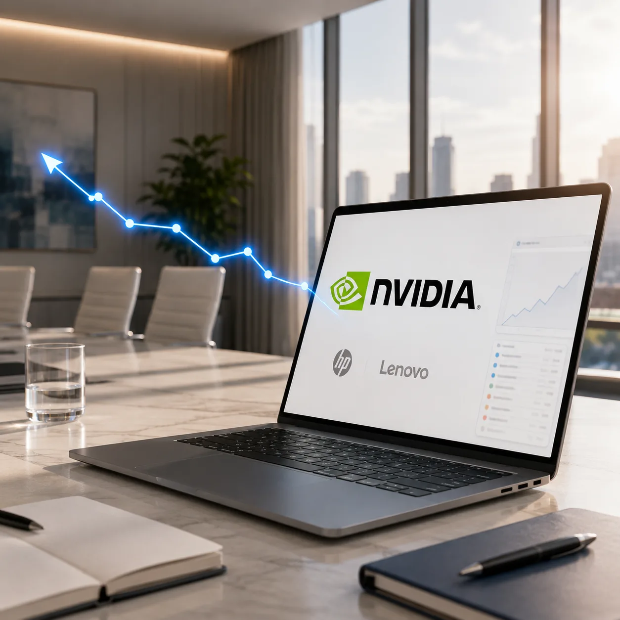 A laptop showing NVIDIA Partner Network tracking in Rebates-On, with rebate revenue trending upward